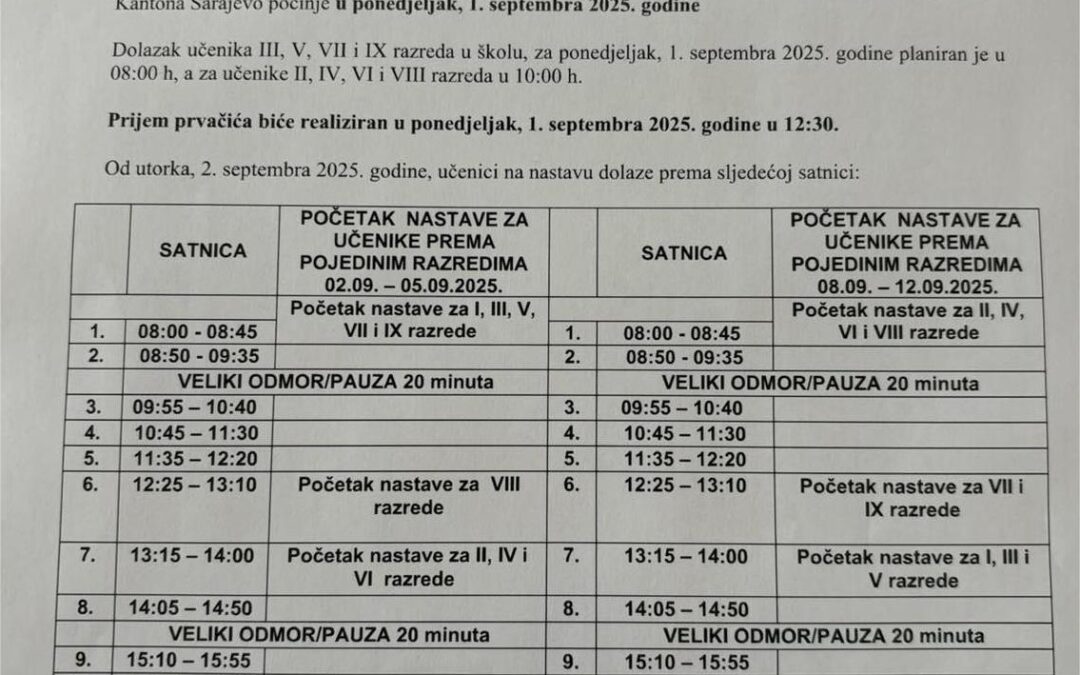 Obavijest o početku nastave u školskoj 2025/2026. godini