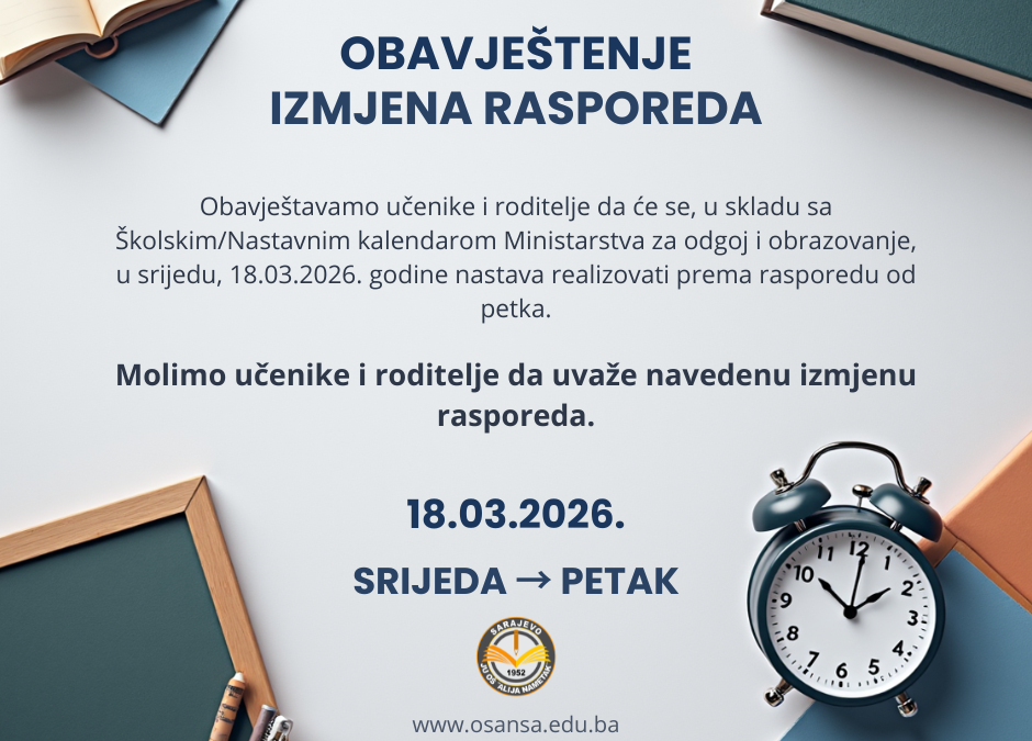 Obavještenje – izmjena rasporeda