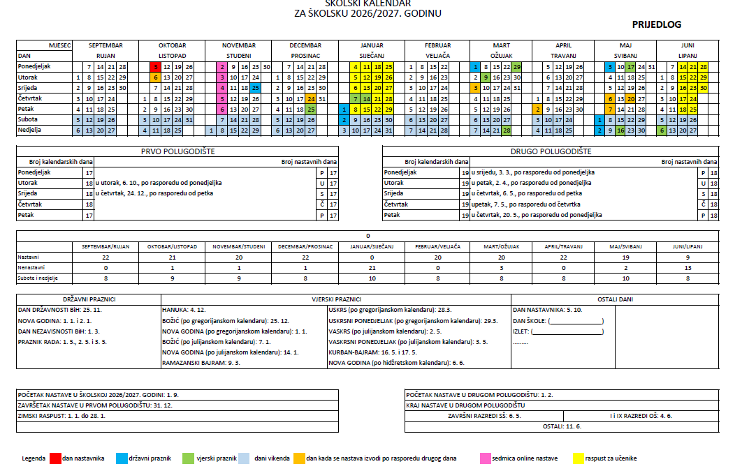 Školski kalendar za školsku 2026./2027. godinu