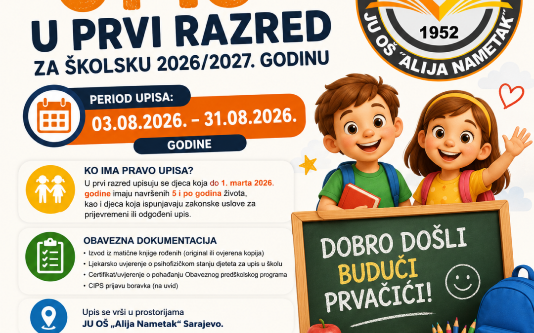 POZIV ZA UPIS DJECE U PRVI RAZRED ZA ŠKOLSKU 2026/2027. GODINU